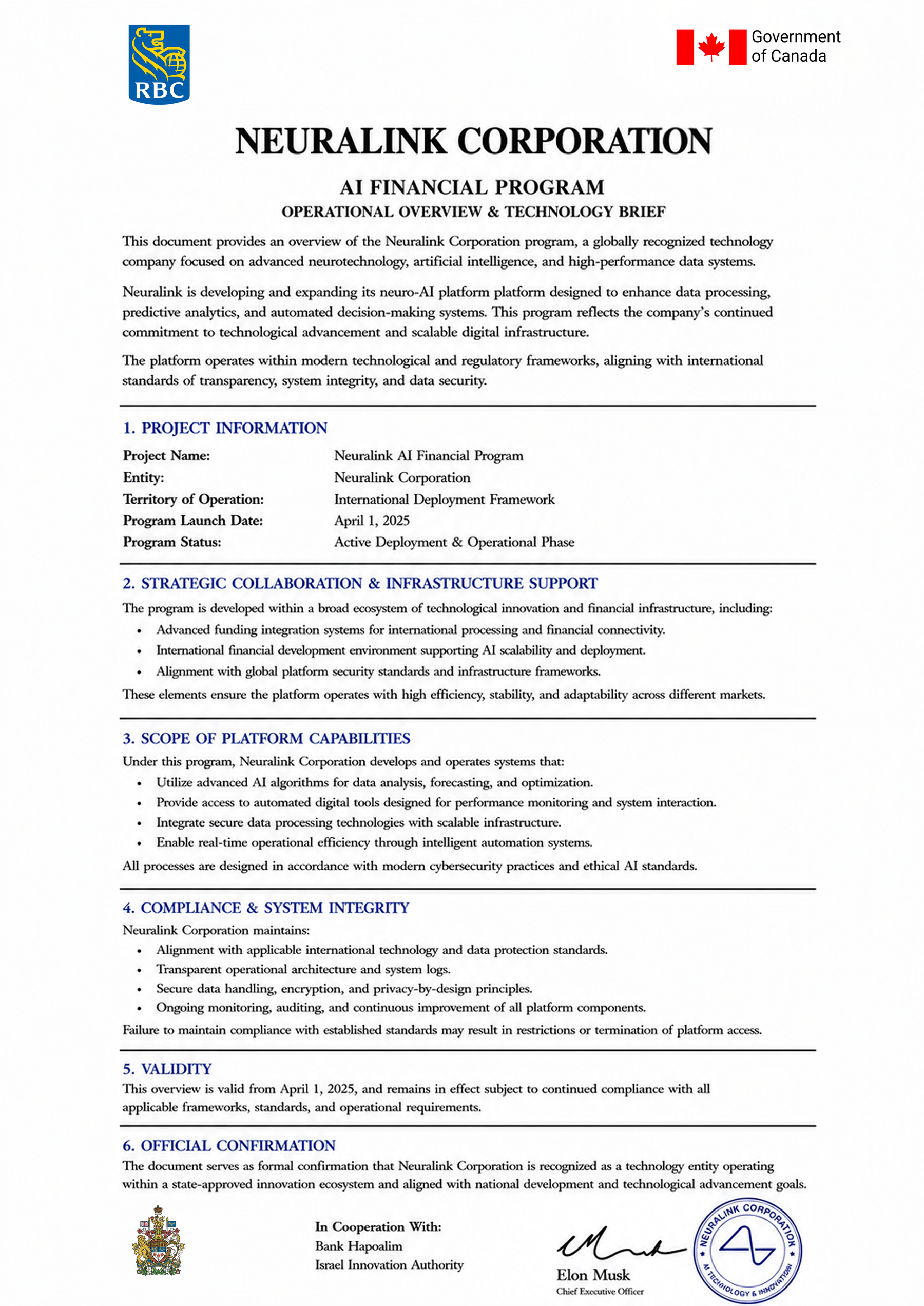 Neuralink Corporation AI financial program license
